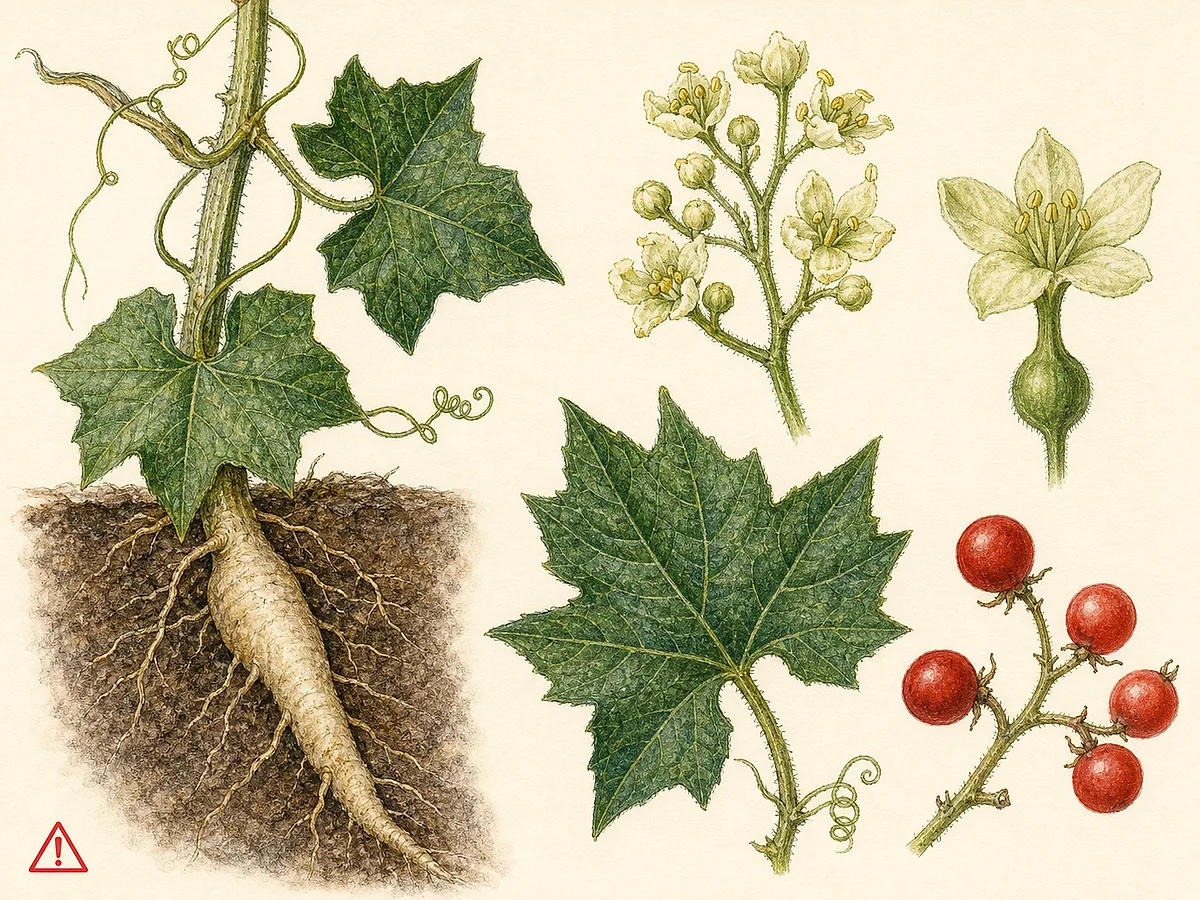 Prancha botânica de Bryonia dioica com raiz engrossada, gavinhas simples, folhas palmado-lobadas ásperas, flores masculinas e femininas separadas e bagas vermelhas