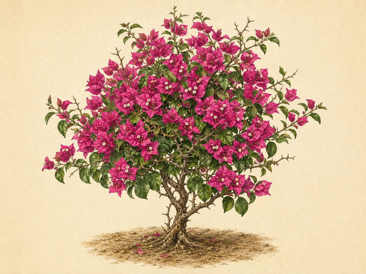 Ilustração botânica de uma buganvília lenhosa coberta de brácteas magenta