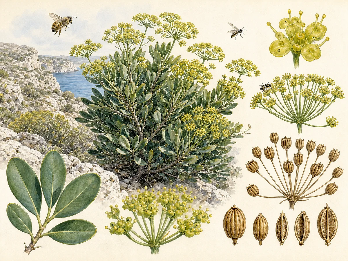 Prancha botânica de Bupleurum fruticosum com arbusto perenifólio, folhas inteiras coriáceas azuladas, umbelas amarelo-esverdeadas e frutos estriados