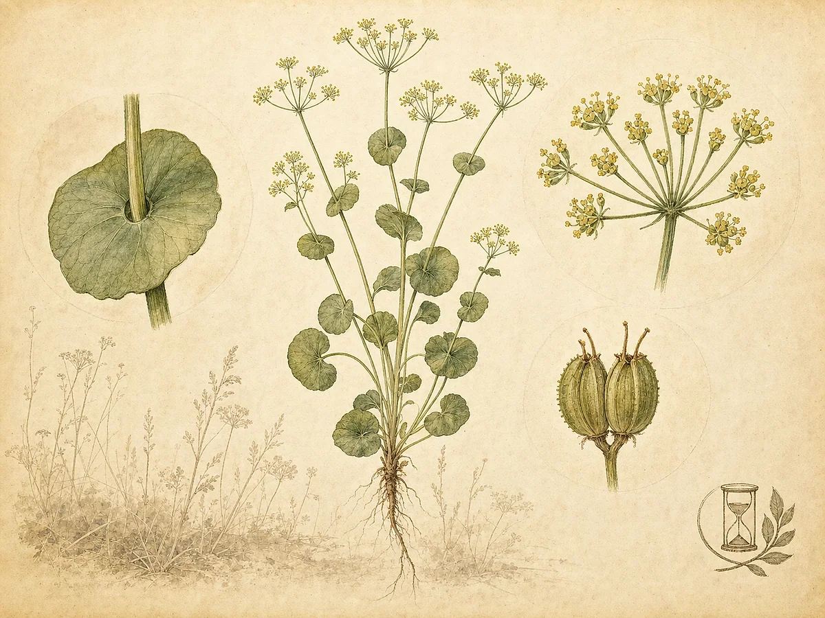 Prancha botânica histórica de Bupleurum rotundifolium com caule atravessando folhas arredondadas perfoliadas, umbelas amarelo-esverdeadas e frutos