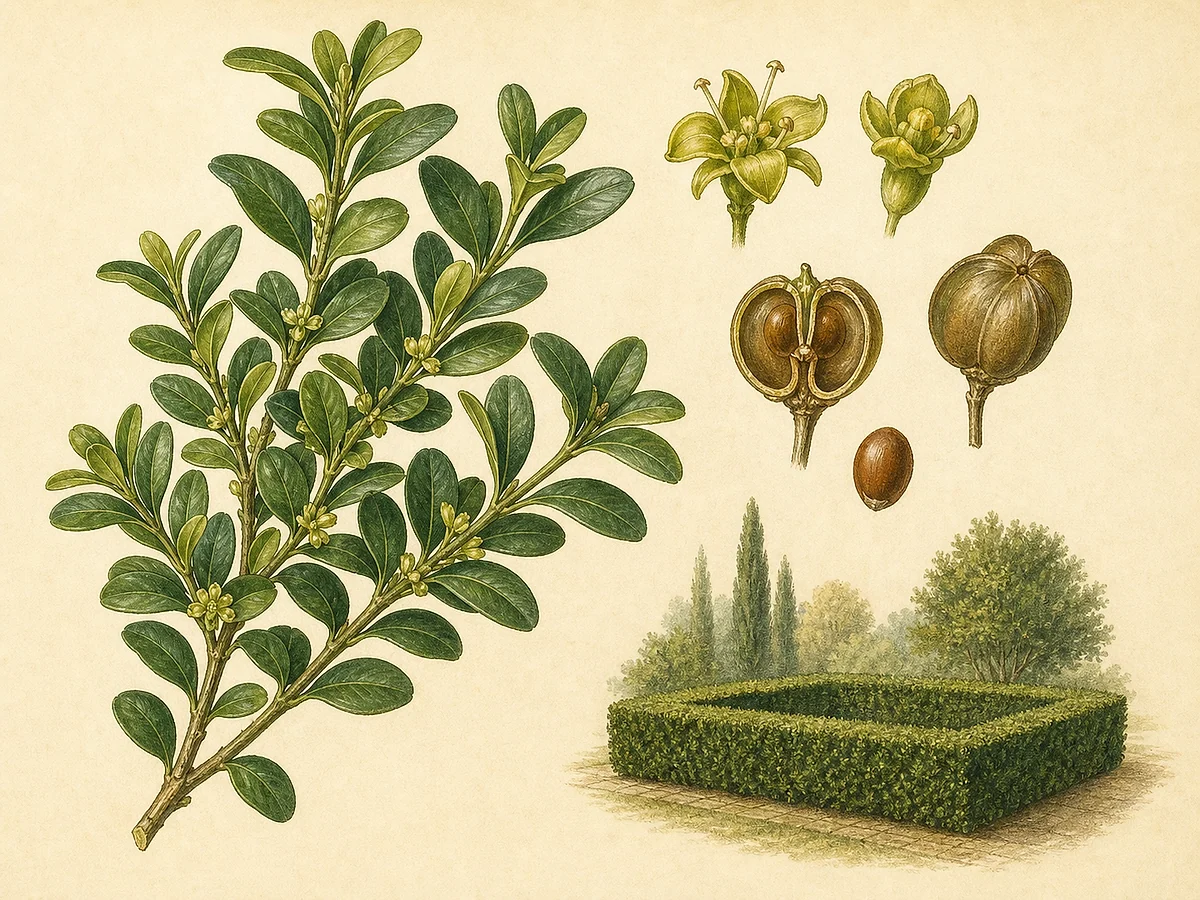 Prancha botânica de Buxus sempervirens com ramo perene de folhas pequenas opostas, flores discretas, cápsulas trilobadas e sebe formal recortada