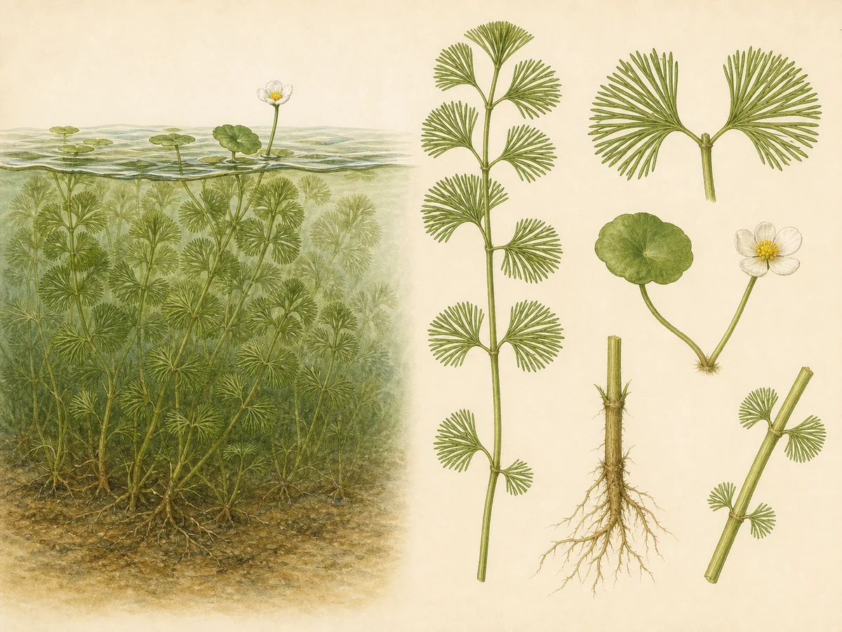 Prancha ilustrada de Cabomba caroliniana com povoamento submerso, caules enraizados, pares de folhas em leque repetidamente divididas, folha flutuante, flor branca e fragmento de caule