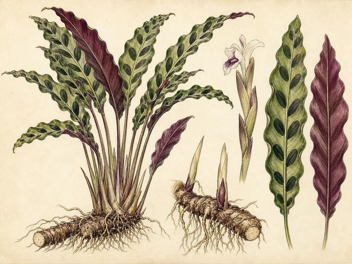 Prancha botânica de Goeppertia insignis com touceira, folhas estreitas onduladas manchadas, verso púrpura, inflorescência e rizoma