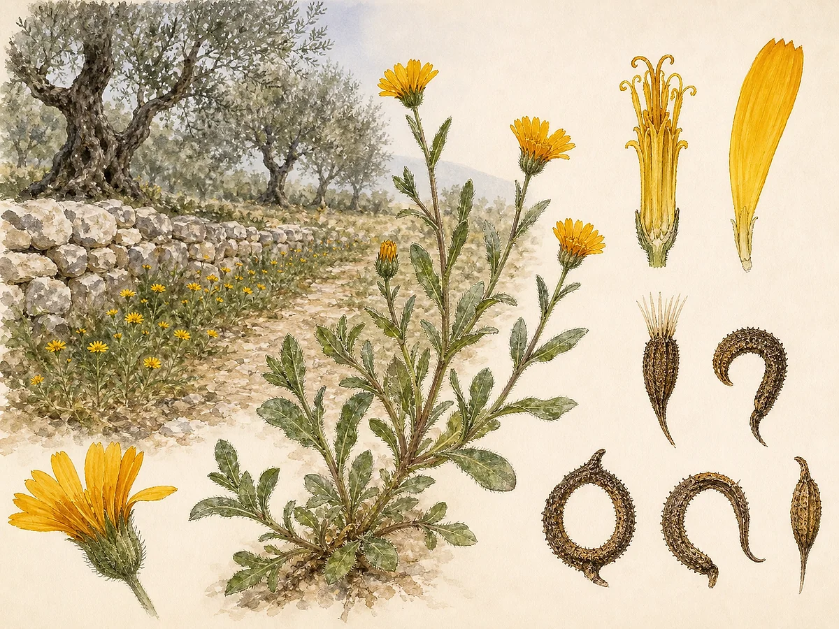 Prancha botânica de Calendula arvensis com anual ramificada de folhas oblongas, pequenos capítulos amarelo-alaranjados e frutos curvos de formas diferentes