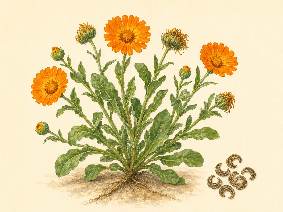 Ilustração botânica de uma calêndula ramificada com folhas oblongas, capítulos cor de laranja e sementes curvas