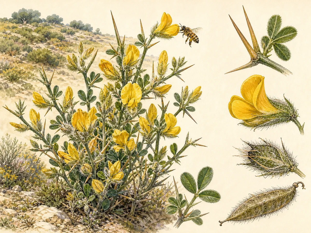 Prancha botânica de Calicotome villosa com arbusto espinhoso, folhas trifoliadas, flores amarelas de leguminosa, cálices e vagens densamente peludas