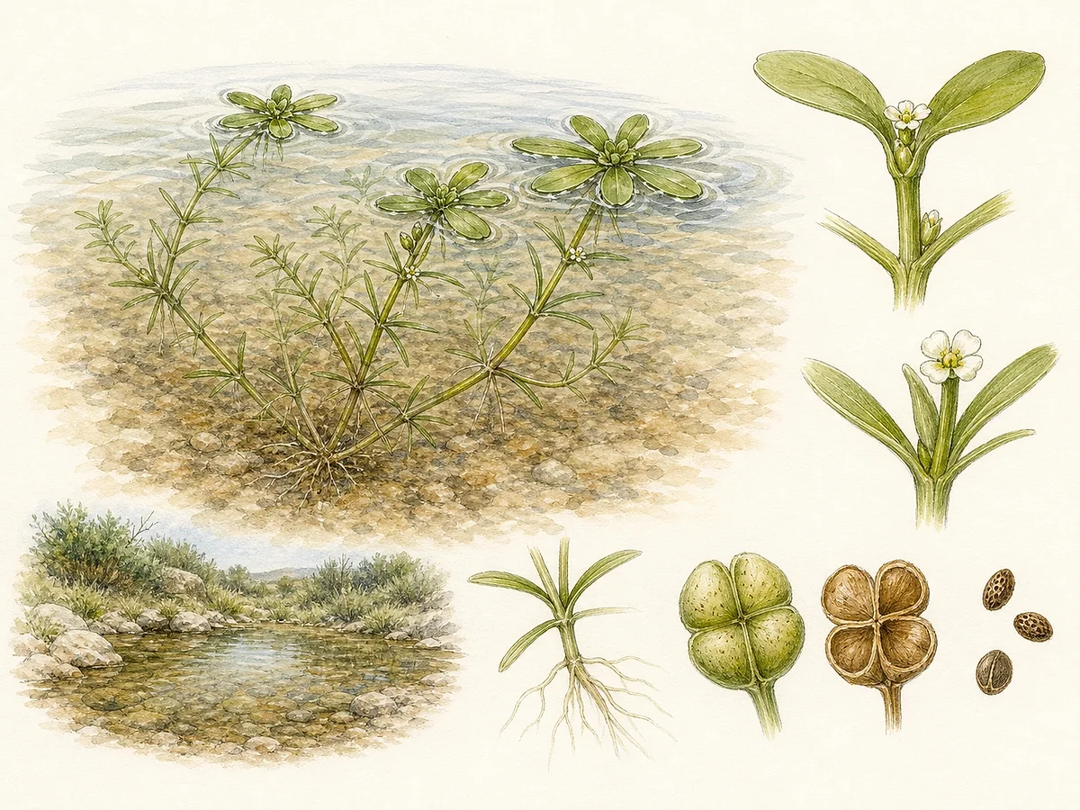 Prancha botânica ampliada de Callitriche brutia com caules submersos finos, folhas opostas lineares, rosetas flutuantes estreladas, flores minúsculas e fruto