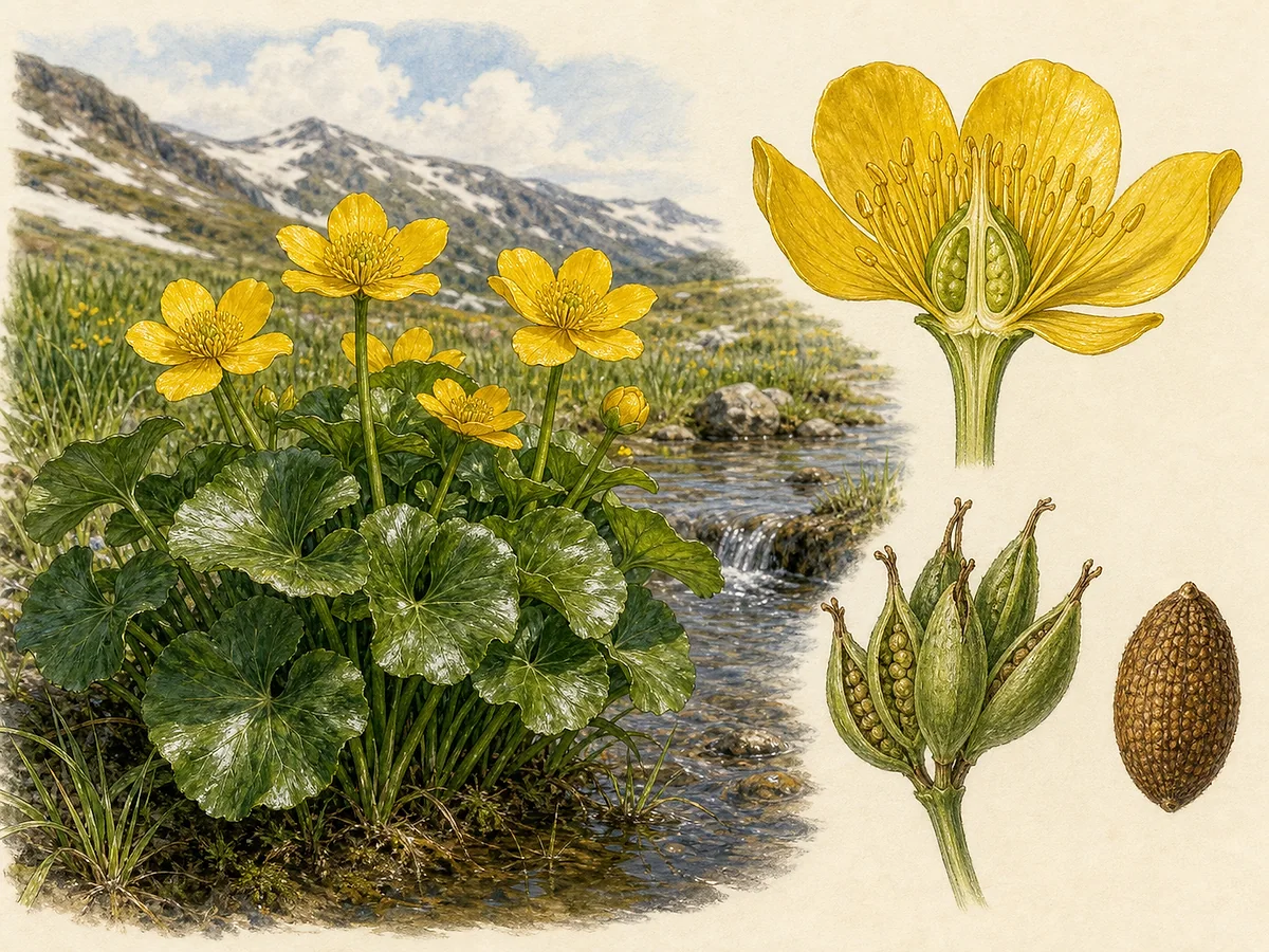 Prancha botânica de Caltha palustris com touceira robusta, folhas cordiformes brilhantes, flores amarelas sem pétalas e conjunto de folículos