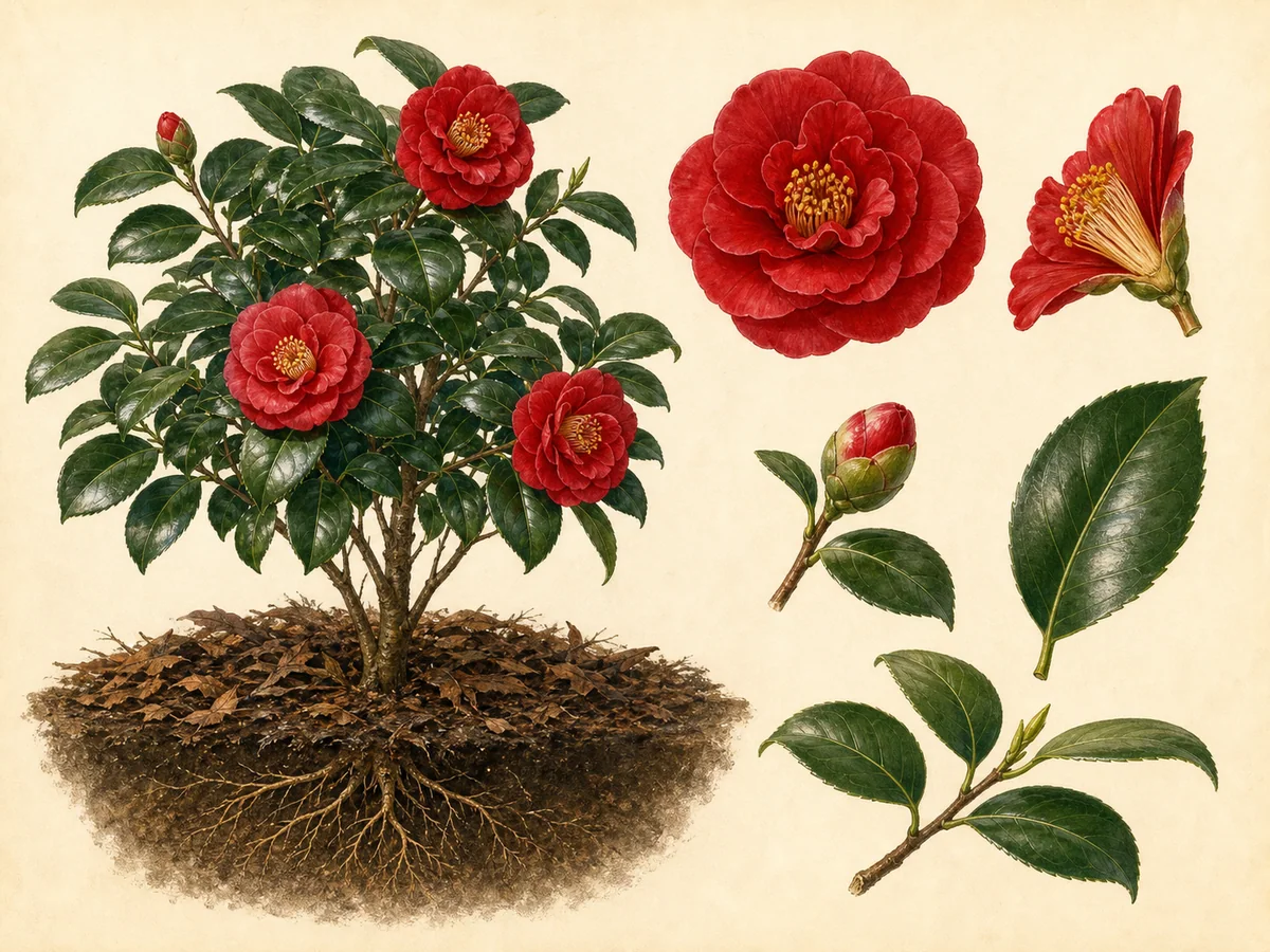 Ilustração botânica de uma camélia com folhas perenes brilhantes e flores vermelhas dobradas