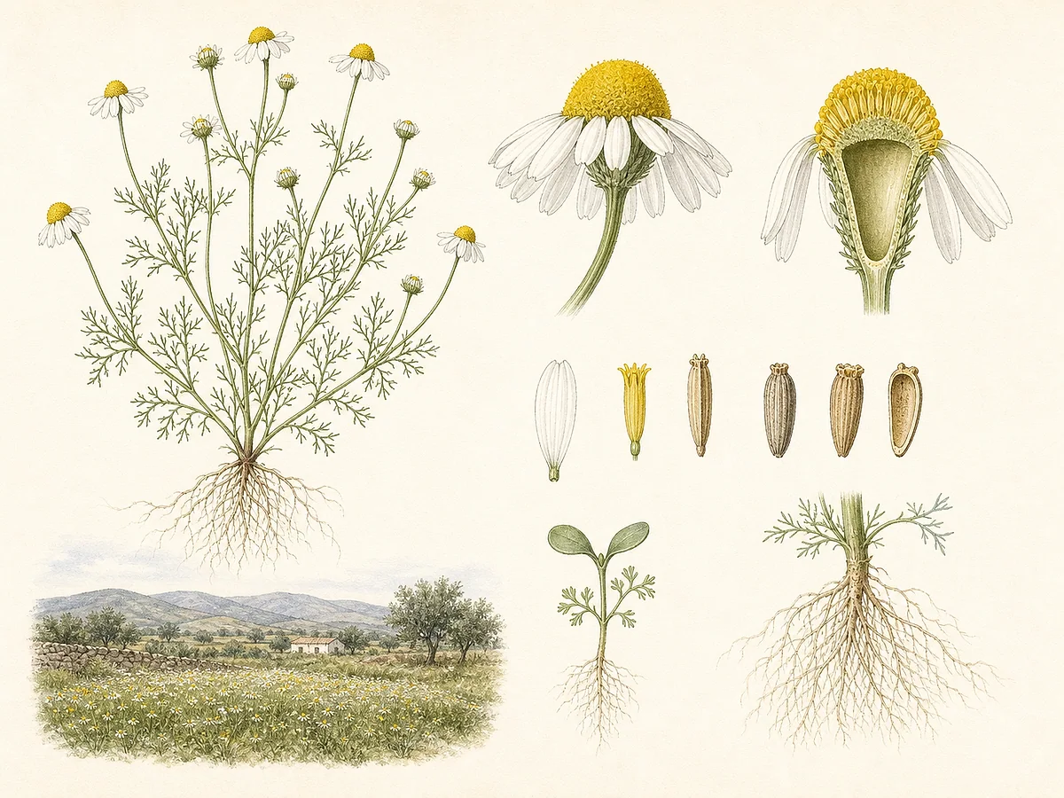 Prancha botânica de Matricaria chamomilla com folhas filiformes, capítulos brancos, recetáculo cónico oco, aquénios e plântula