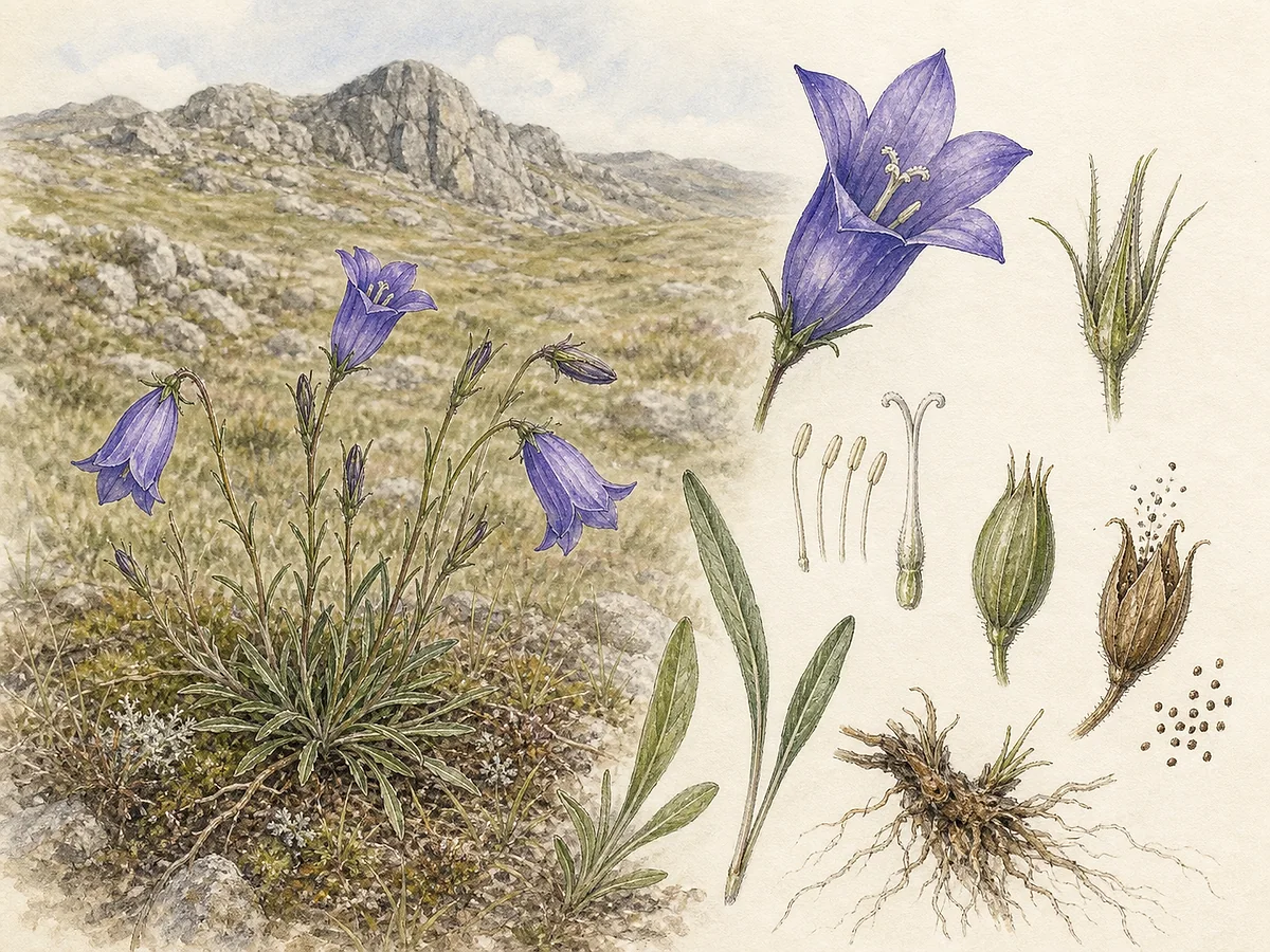 Prancha botânica de Campanula herminii com pequena roseta de folhas estreitas, caules baixos, flores campanuladas azul-violeta de cinco lobos, cálice e cápsula