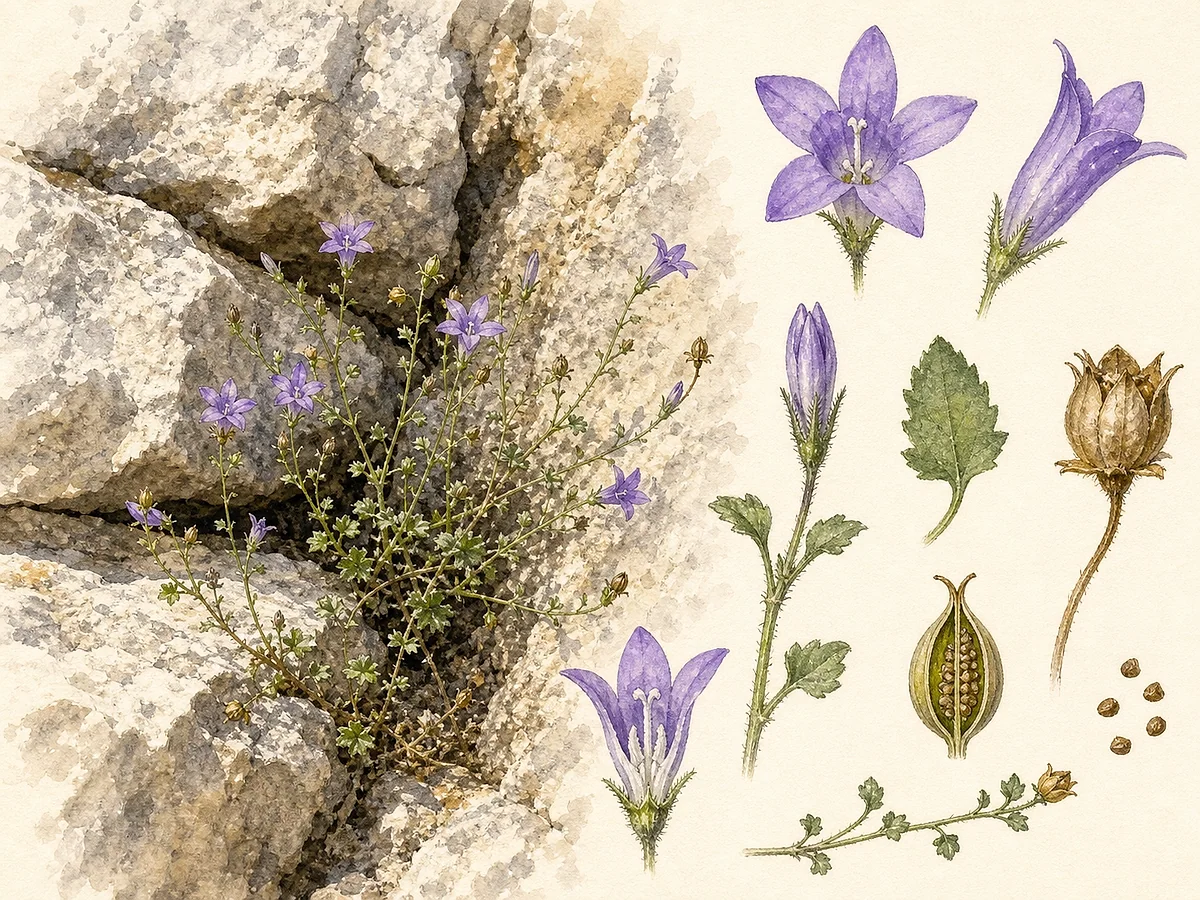 Prancha botânica de Campanula erinus com anual minúscula ramificada, folhas pequenas dentadas, flores lilases estreladas de cinco lobos e cápsula