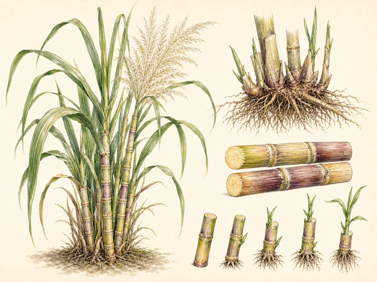 Ilustração botânica de cana-de-açúcar com touceira, colmos nodosos, panícula, raízes, secções do colmo e propagação por troços nodais