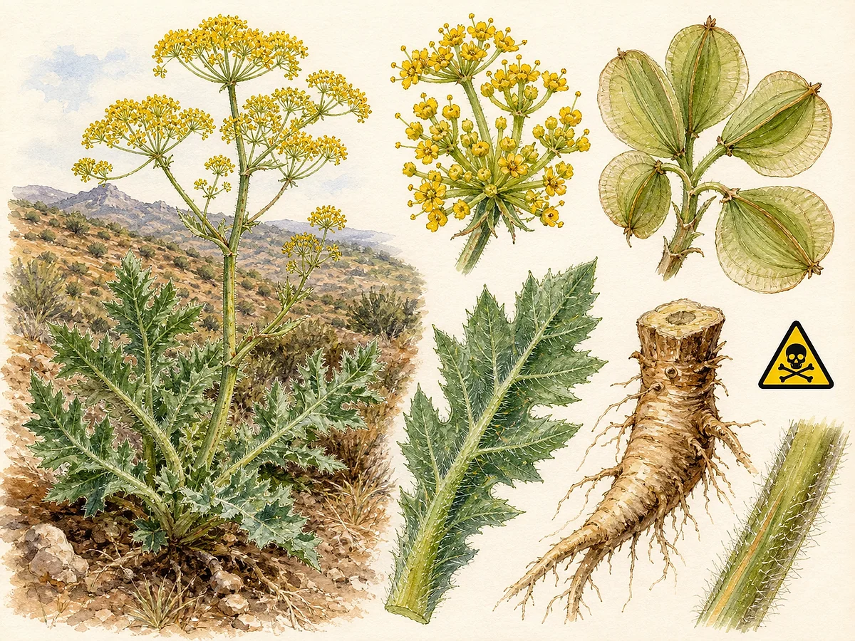 Prancha botânica de Thapsia villosa com roseta de folhas grosseiramente divididas, haste alta, grandes umbelas amarelas, frutos largos alados e raiz espessa