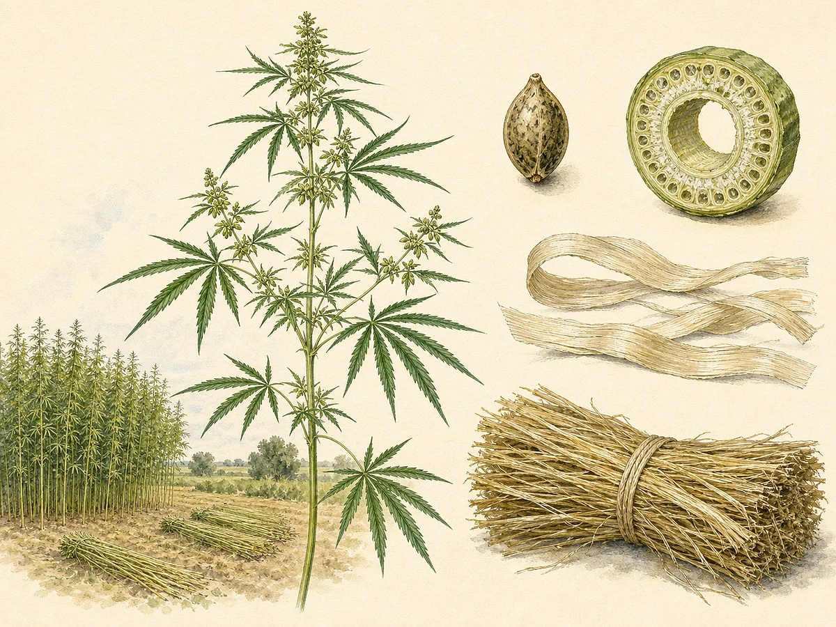 Prancha botânica de Cannabis sativa industrial com planta alta, folhas palmadas estreitas, inflorescências discretas, aquénios e feixe de fibras liberianas do caule