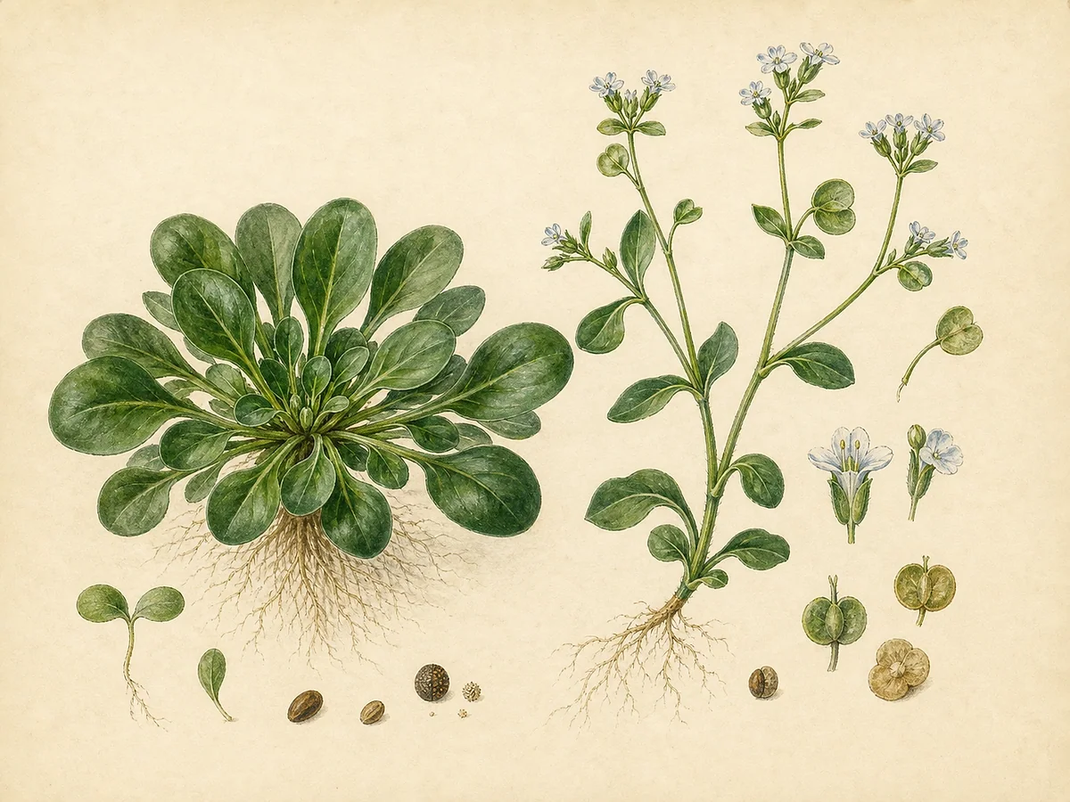 Ilustração botânica de canónigos com pequenas rosetas de folhas espatuladas, raízes finas, caule ramificado, flores azuladas minúsculas e frutos