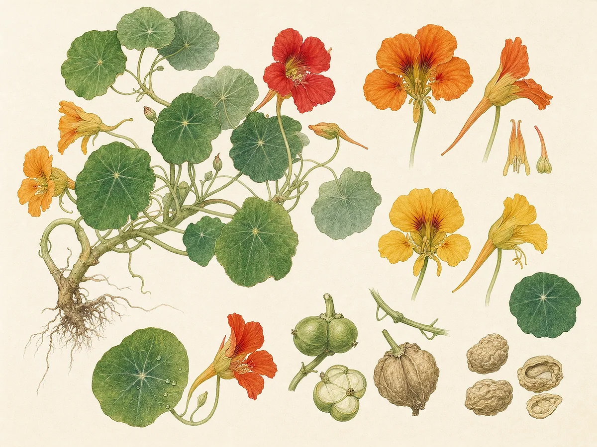 Ilustração botânica de capuchinha com folhas redondas peltadas, flores laranja com esporão, caules rasteiros, frutos trilobados e sementes