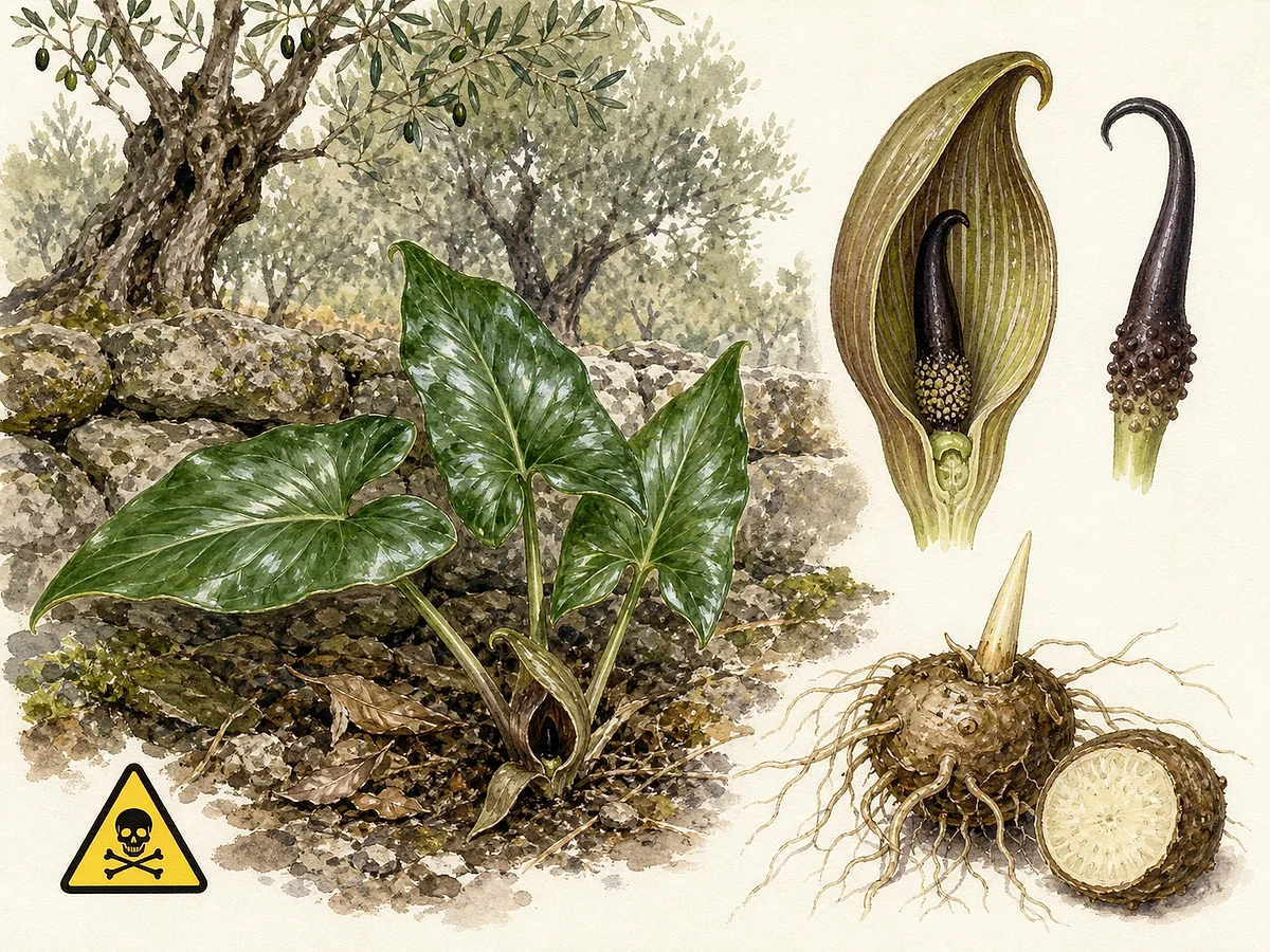Prancha botânica de Arisarum simorrhinum com folhas sagitadas brilhantes, espata encapuzada castanho-esverdeada rente ao solo, espádice curvo e tubérculo