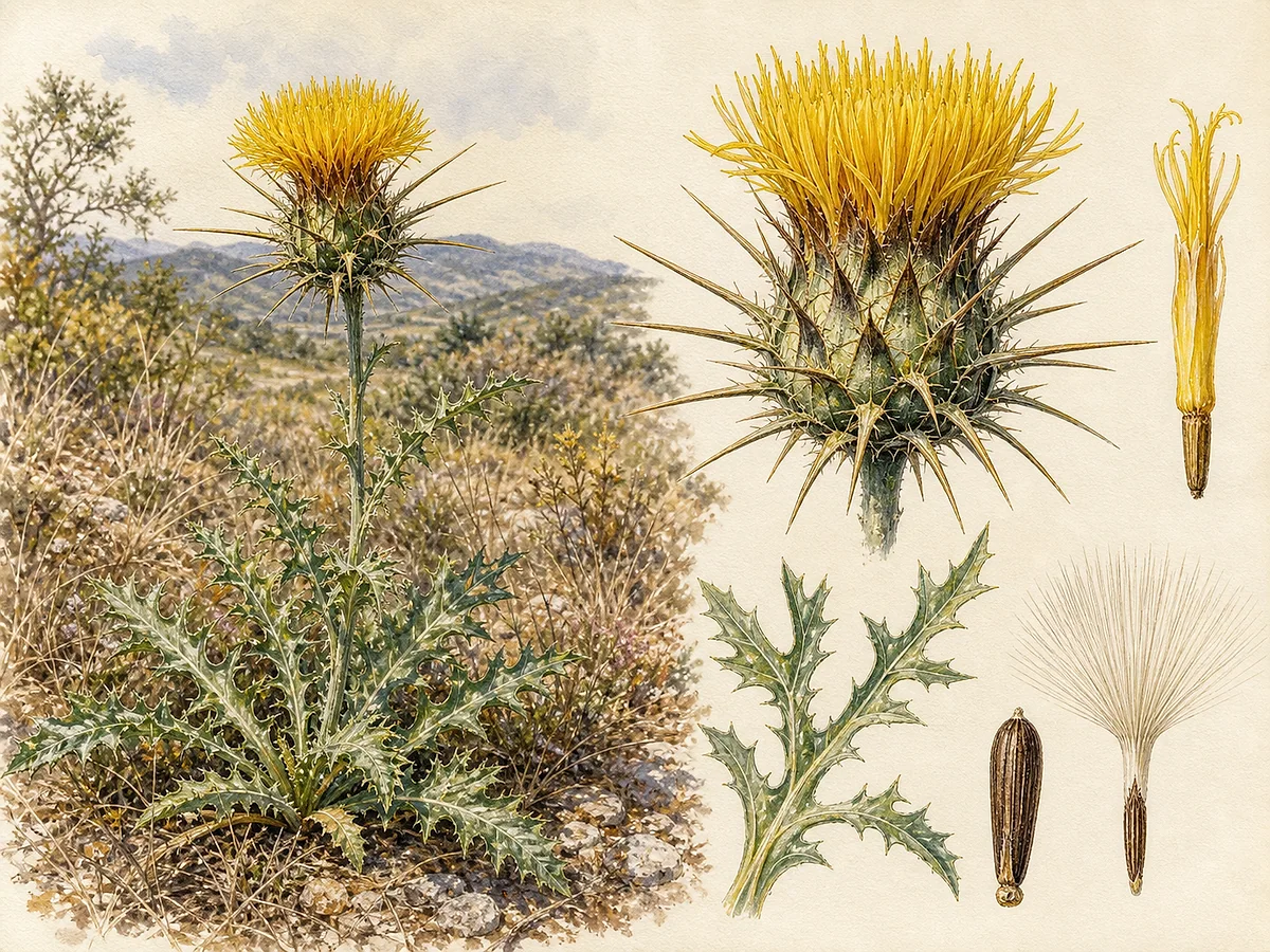 Prancha botânica de Centaurea ornata com folhas divididas, grande capítulo amarelo e brácteas involucrais com fortes apêndices espinhosos radiantes