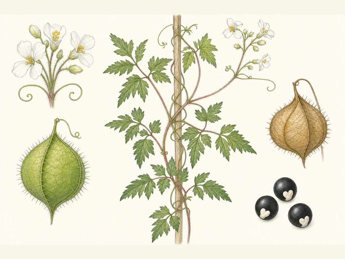 Prancha ilustrada de Cardiospermum grandiflorum com trepadeira hirsuta, folhas compostas serradas, gavinhas, flores brancas, cápsulas infladas pilosas e sementes negras de hilo branco em coração