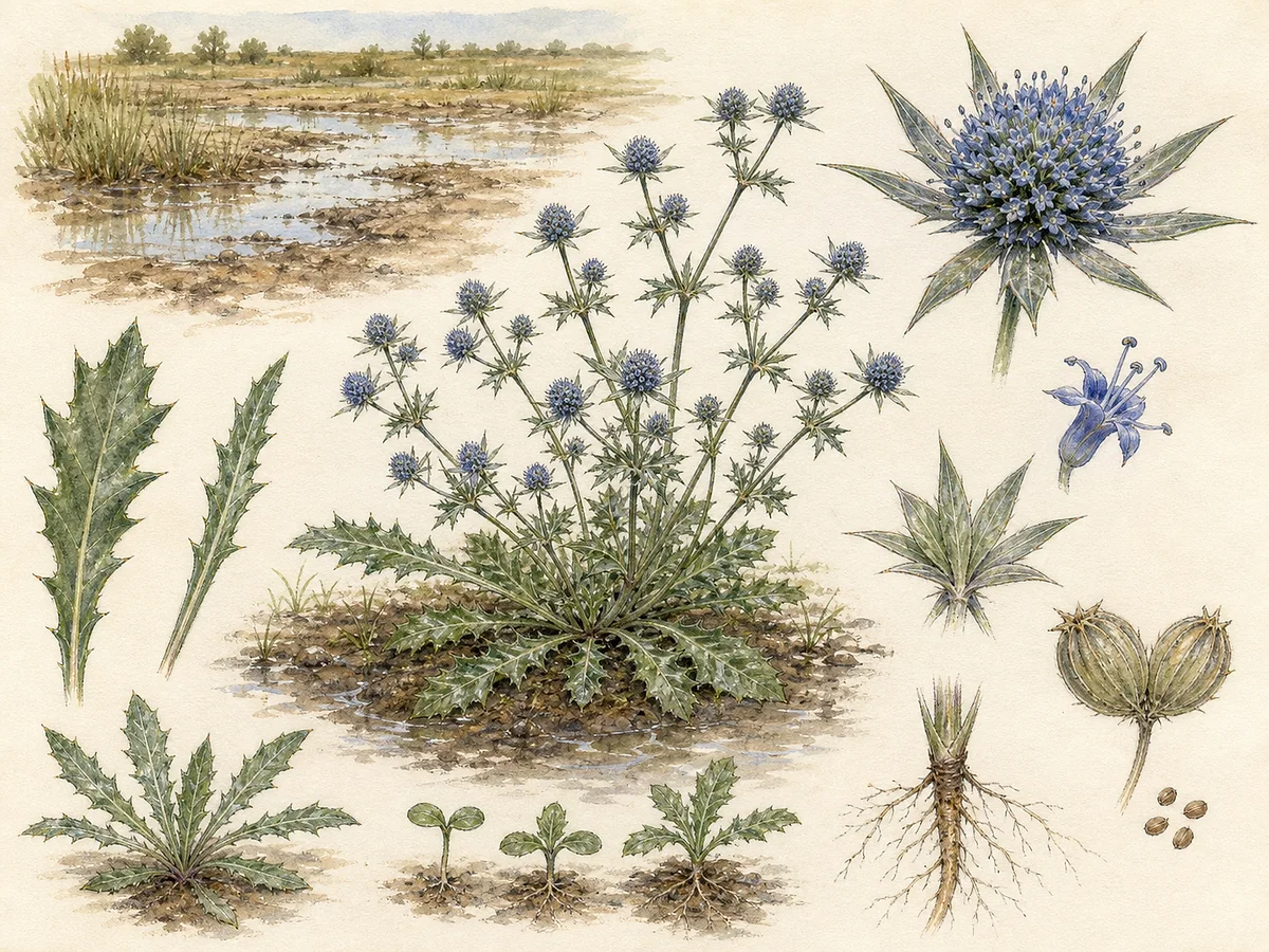 Prancha botânica de Eryngium galioides com roseta baixa, folhas dentadas, caules ramificados, pequenos capítulos azulados e fruto
