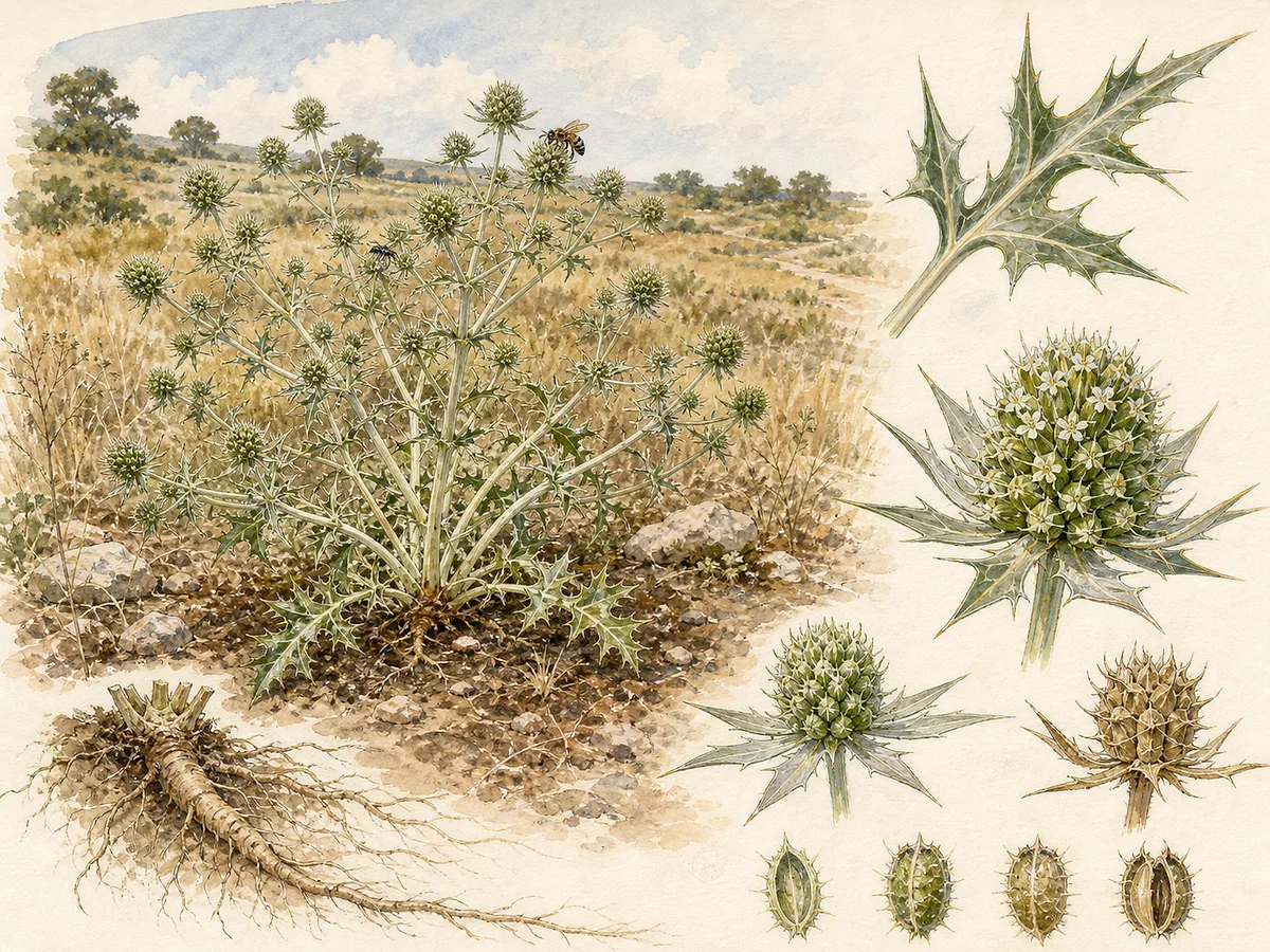 Prancha botânica de Eryngium campestre com planta pálida muito ramificada, folhas profundamente divididas e espinhosas, capítulos verdes globosos e raiz profunda