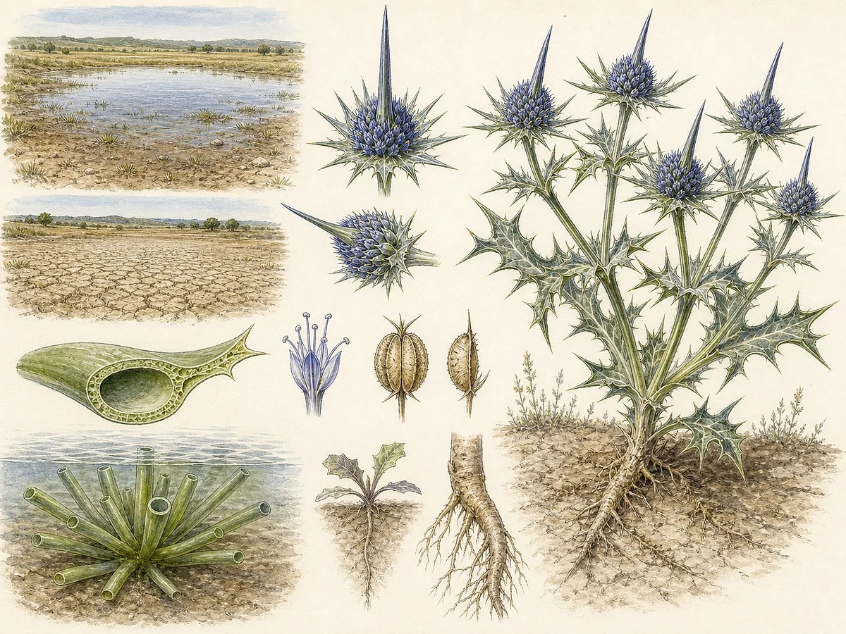 Prancha botânica de Eryngium corniculatum com fase submersa de folhas ocas, fase emersa espinhosa e capítulos azulados com espinho central