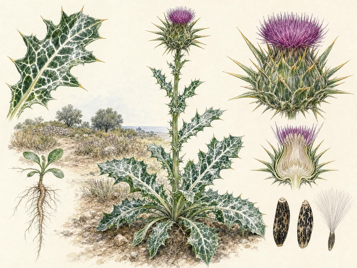 Prancha botânica de Silybum marianum com roseta grande de folhas espinhosas marmoreadas de branco, capítulos roxos e aquénios com papilho