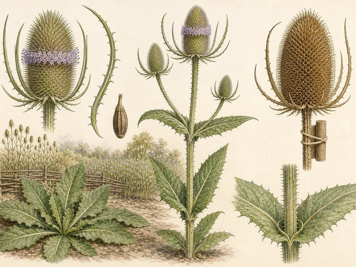 Prancha botânica de Dipsacus sativus com roseta, caule espinhoso, folhas opostas unidas, cabeças florais ovais de ganchos recurvados e carda seca de acabamento têxtil