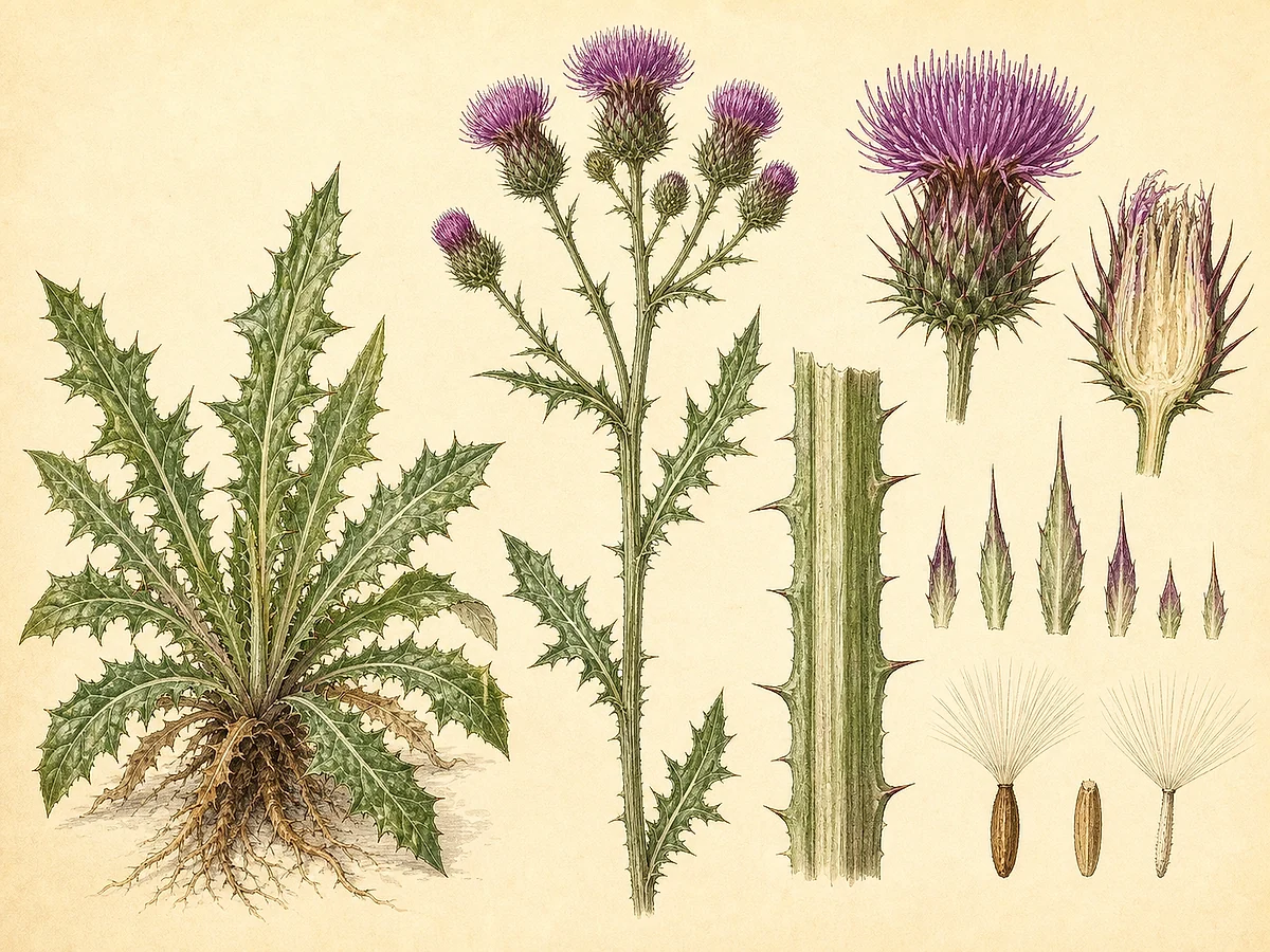 Prancha botânica preventiva de Cirsium vulgare com roseta espinhosa, caule alado, capítulos roxos, brácteas e aquénios com papilho