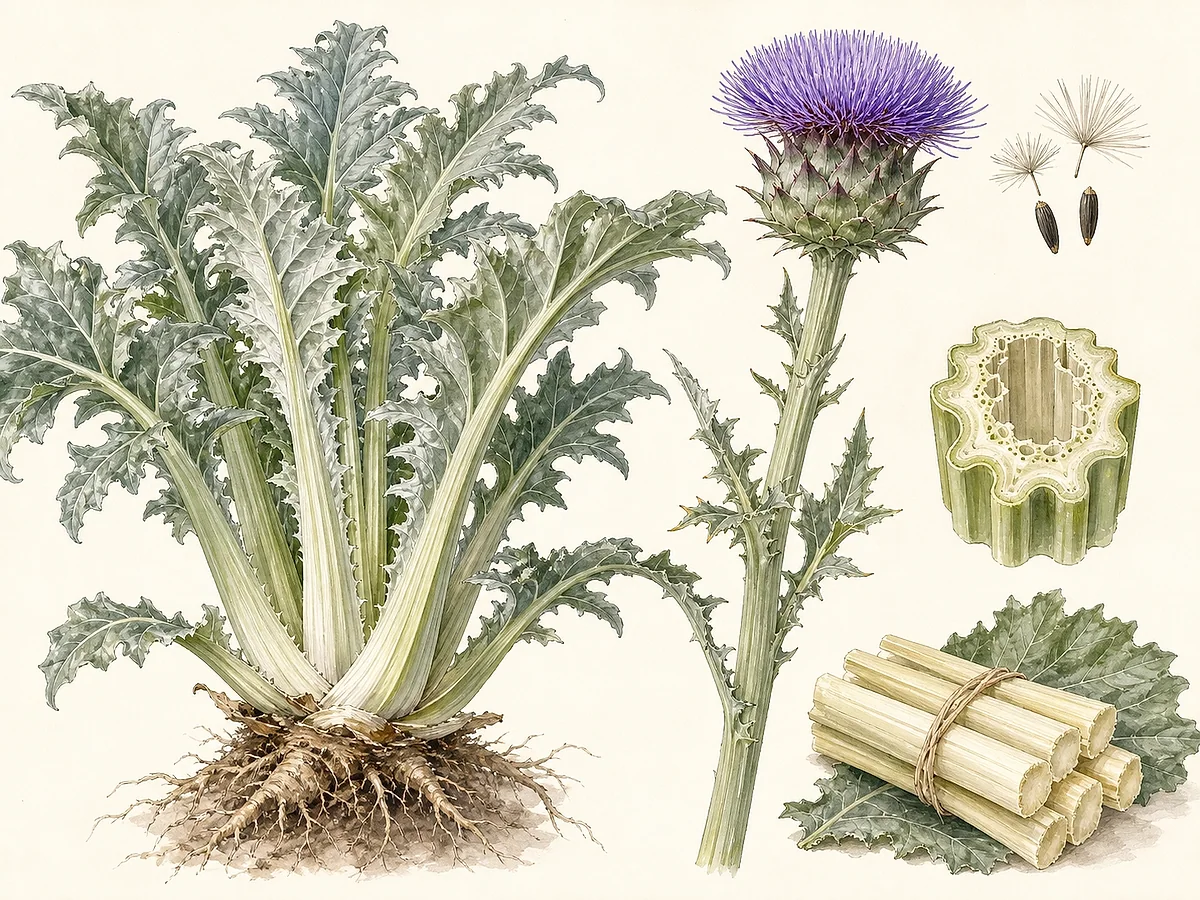 Ilustração botânica de cardo-hortense grande com folhas prateadas recortadas, pecíolos grossos branqueados, capítulo violeta, aquénios e sementeira