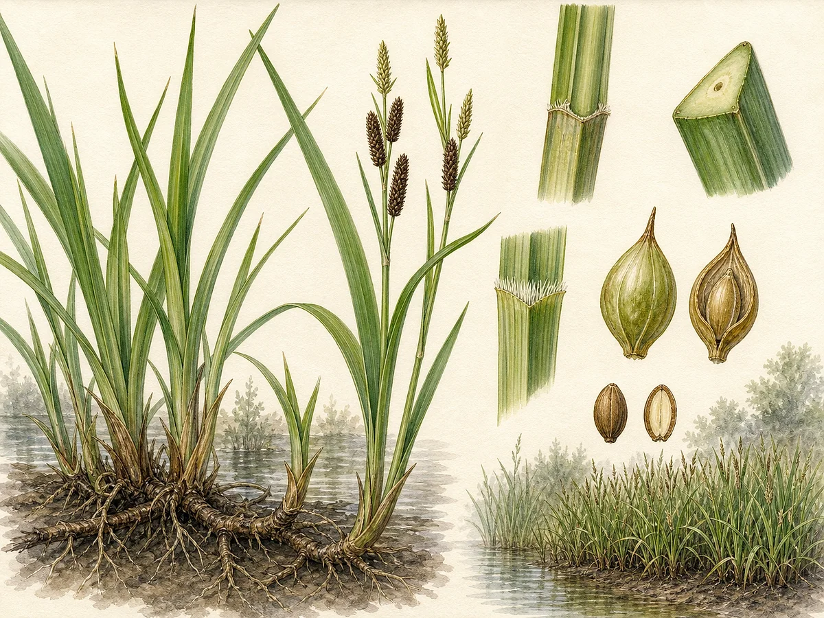 Prancha botânica de Carex riparia com touceira alta de folhas largas acanaladas, caules triangulares, espigas masculinas e femininas distintas, rizoma e utrículos