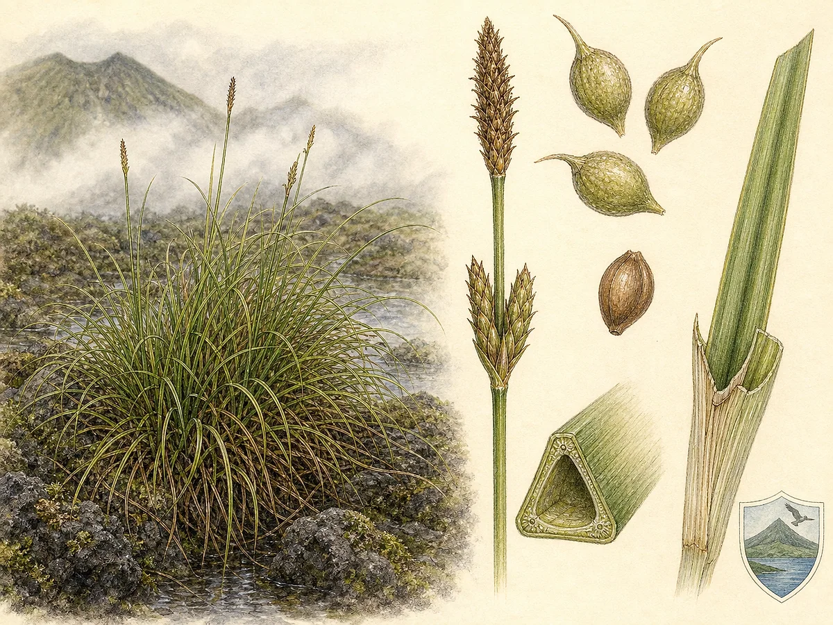 Prancha botânica de Carex vulcani com touceira açoriana, caules triangulares, espiga masculina terminal, espigas femininas e utrículos biconvexos