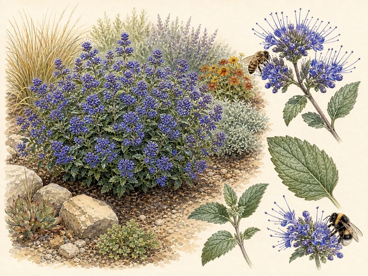 Prancha botânica de Caryopteris × clandonensis com pequeno arbusto, folhas opostas cinzento-verdes serradas e densos verticilos de flores azul-violeta de estames salientes