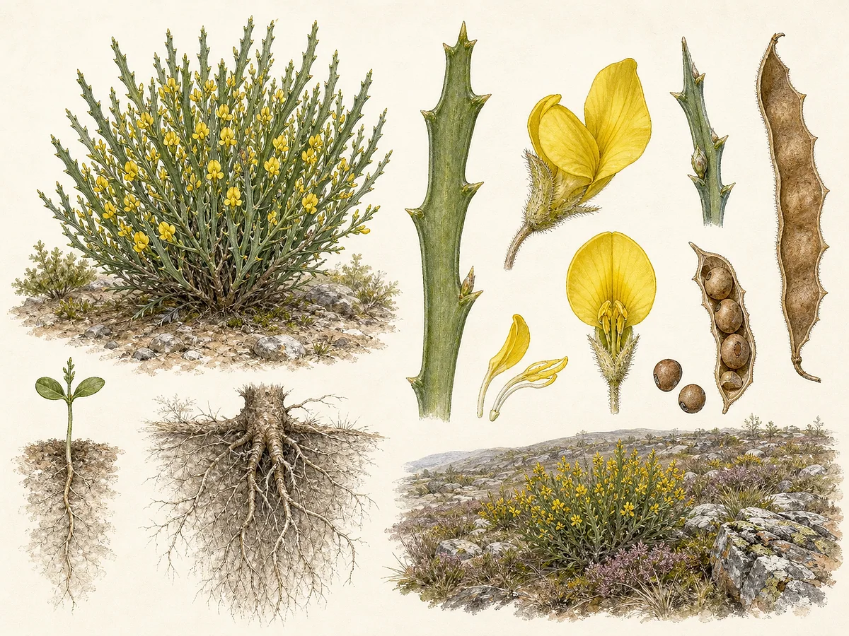 Prancha botânica de Genista tridentata, sinónimo Pterospartum tridentatum, com caules alados achatados, dentes triplos, flores amarelas e vagens