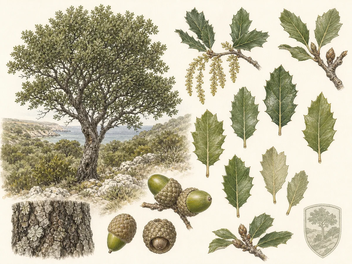 Prancha botânica de Quercus pseudococcifera subsp. rivasmartinezii com pequena árvore costeira, folhas coriáceas dentadas, amentilhos e bolotas em cúpula escamosa