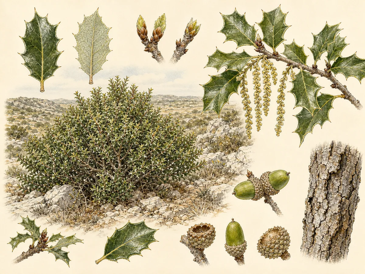 Prancha botânica de Quercus coccifera subsp. coccifera com copa densa, folhas pequenas coriáceas de margem espinhosa, amentilhos e bolotas em cúpula escamosa