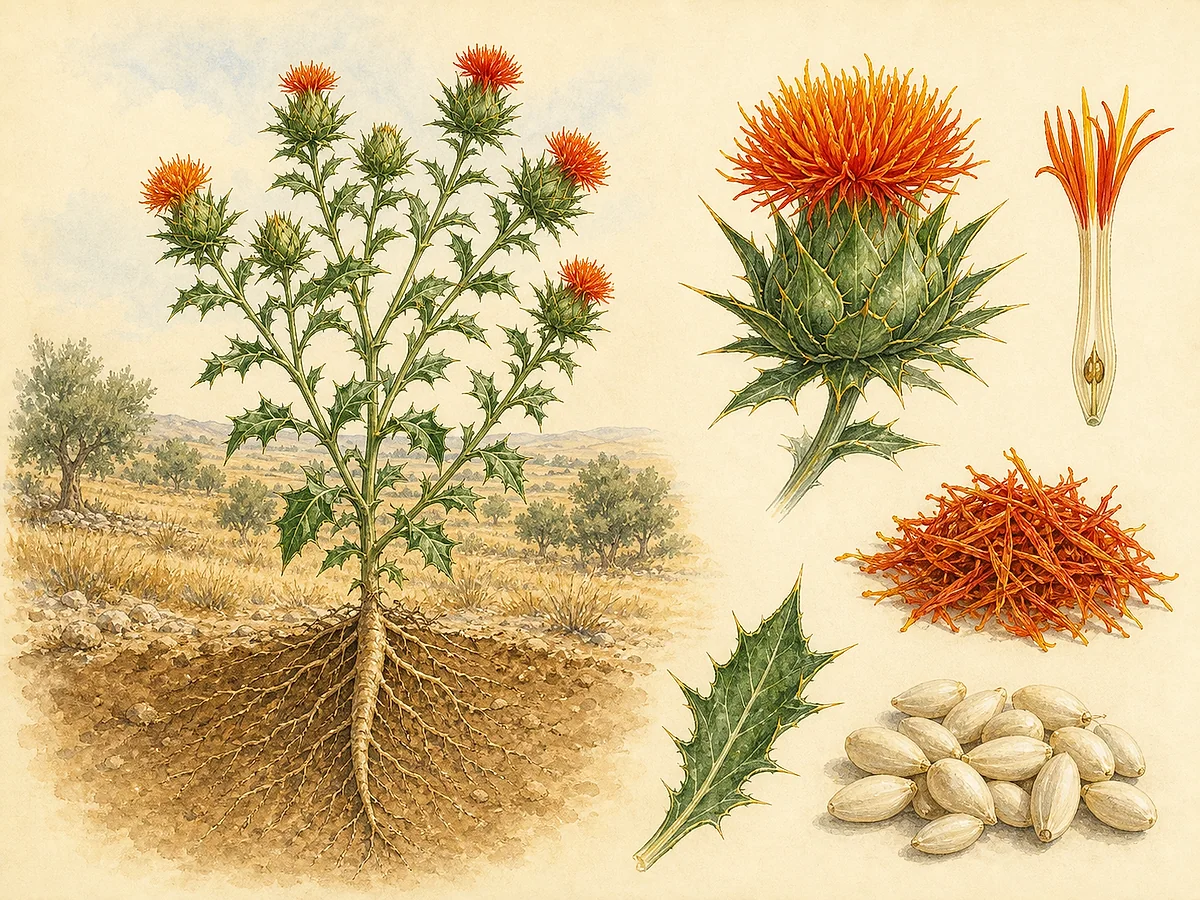 Prancha botânica de Carthamus tinctorius com caule ramificado, folhas espinhosas, capítulos laranja-avermelhados, aquénios brancos e pétalas secas para corante
