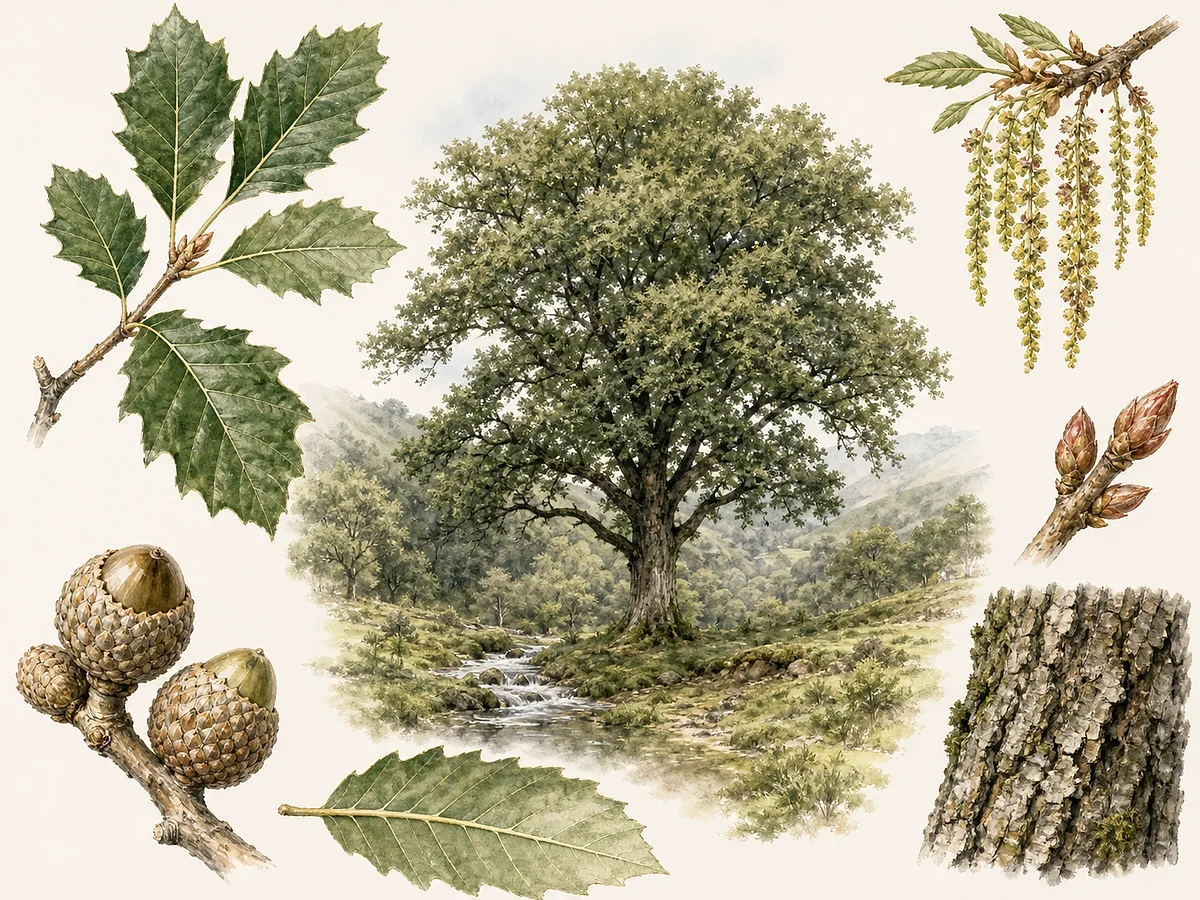 Prancha botânica de Quercus canariensis com árvore de copa larga, folhas grandes dentadas sem pêlos na página superior, amentilhos e bolotas em cúpula