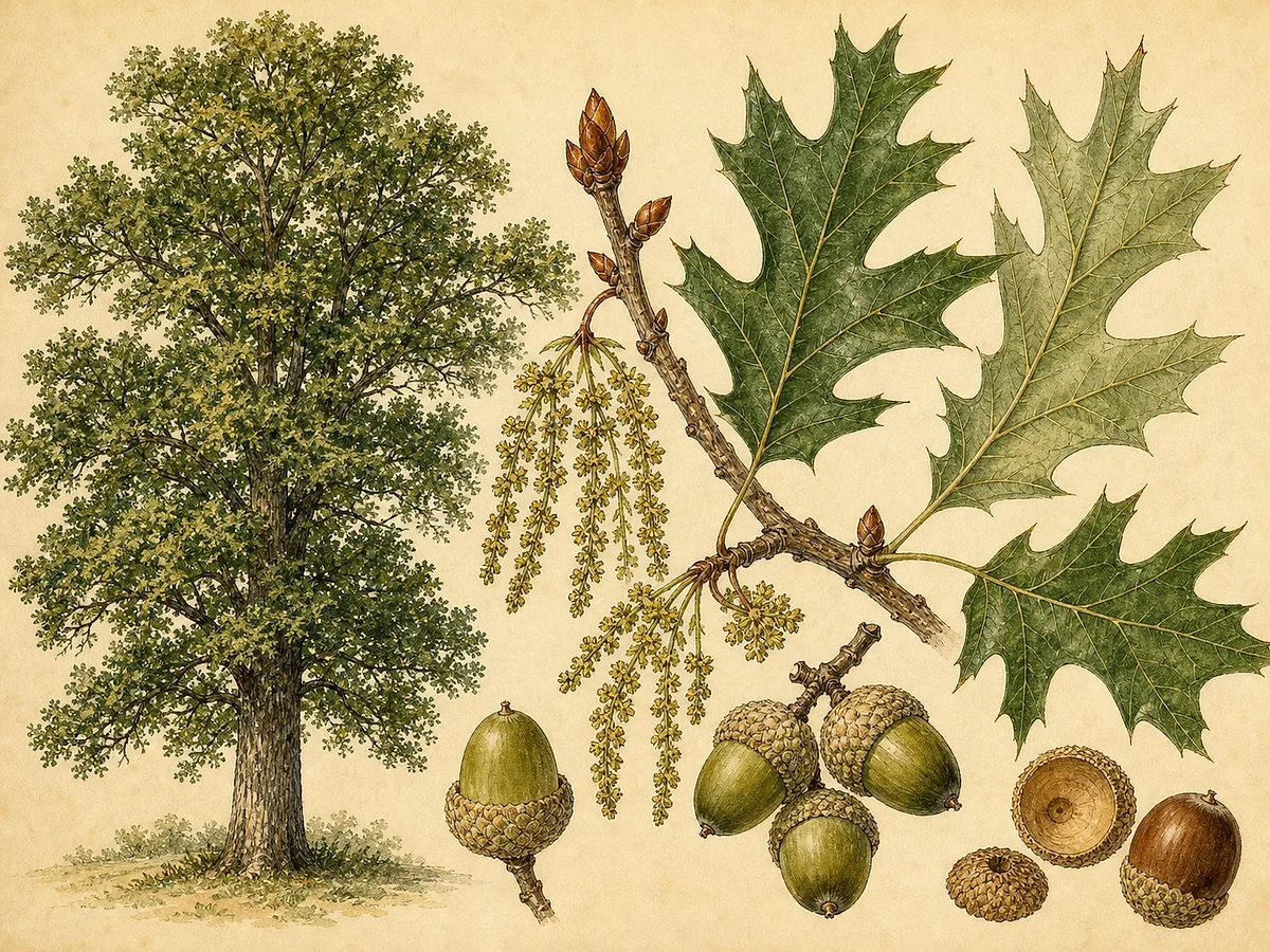 Prancha botânica de Quercus shumardii com árvore caducifólia, folhas lobadas, amentilhos, bolotas e cúpulas