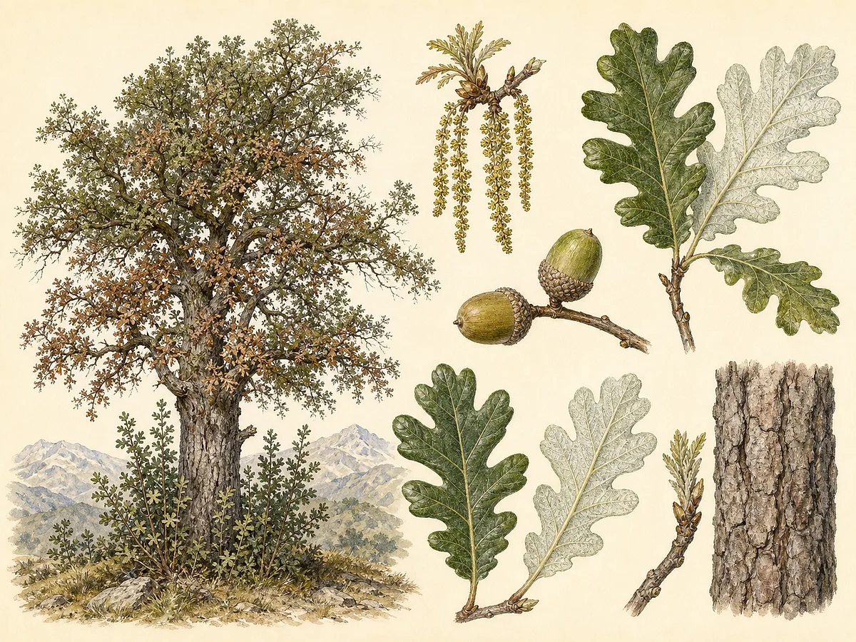 Prancha botânica de Quercus pyrenaica com árvore marcescente, folhas profundamente lobadas e tomentosas, amentilhos, bolotas quase sésseis e rebentos de raiz
