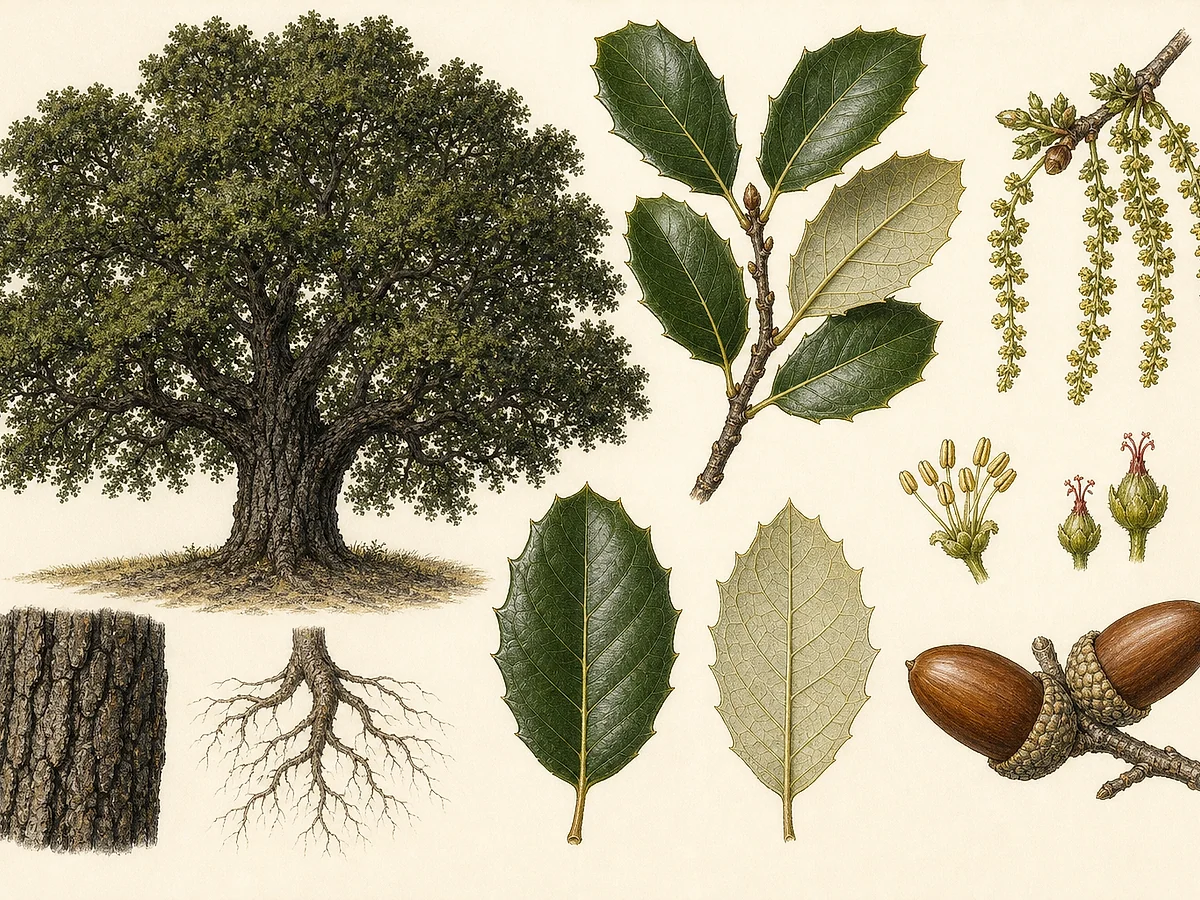 Prancha botânica de Quercus agrifolia com carvalho perene de copa larga, folhas convexas dentadas, amentos, bolotas e casca escura