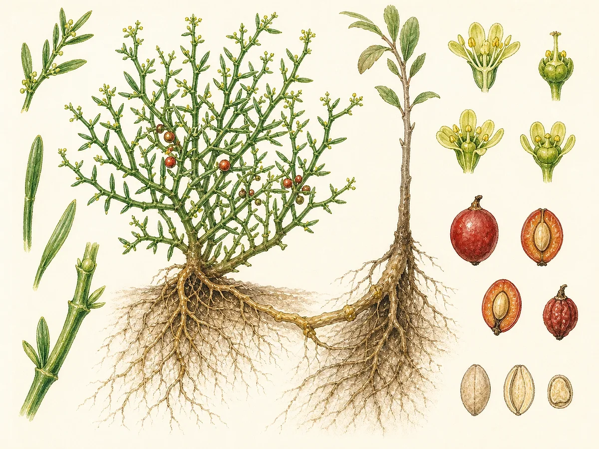 Prancha botânica de Osyris alba com arbusto de ramos verdes angulosos, folhas estreitas, pequenas flores amarelo-esverdeadas, drupas vermelhas e raízes hemiparasitas ligadas a hospedeiro
