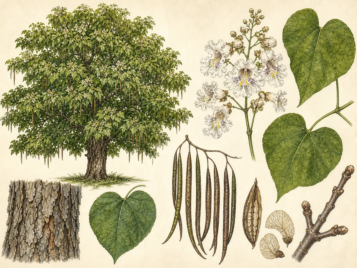 Prancha botânica de Catalpa bignonioides com copa ampla, folhas grandes cordiformes, panículas brancas pintalgadas e cápsulas longas em forma de vagem