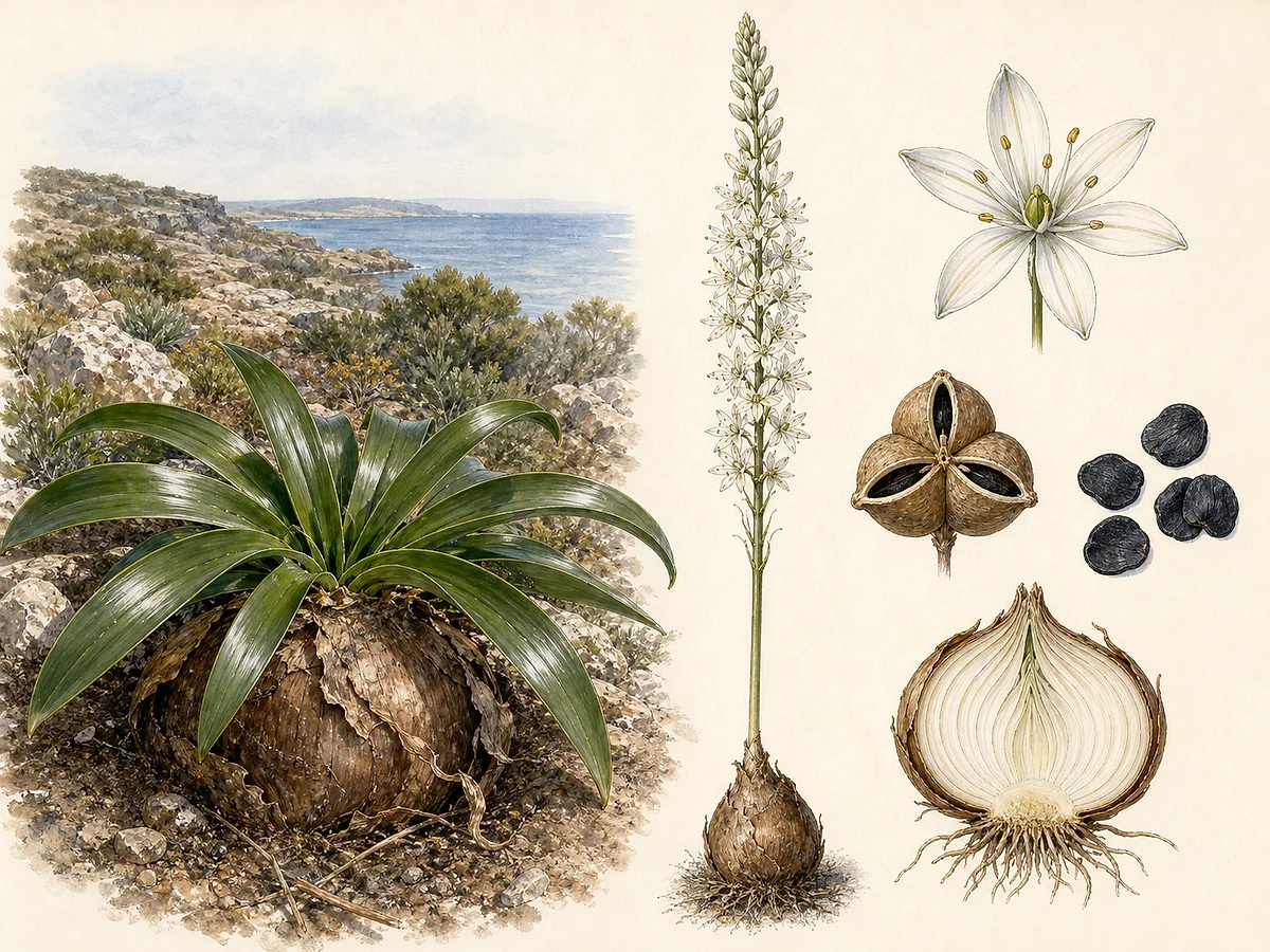 Prancha botânica de Urginea maritima com enorme bolbo parcialmente exposto, roseta de folhas largas no inverno, haste estival alta de muitas flores brancas, cápsulas e sementes