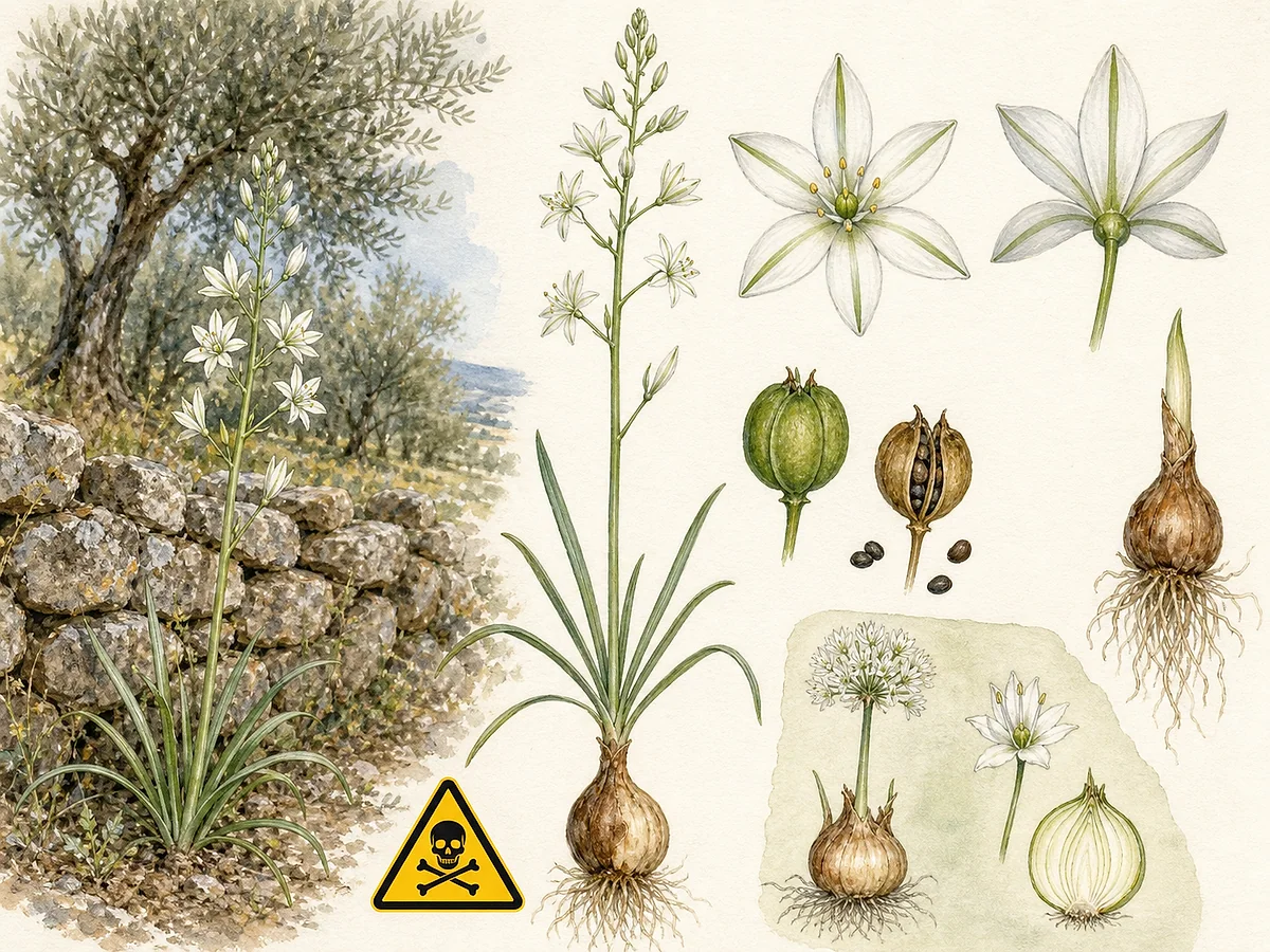 Prancha botânica de Ornithogalum narbonense com folhas basais lineares, alto racemo de flores brancas estreladas, banda verde no exterior das tépalas, cápsula e bolbo