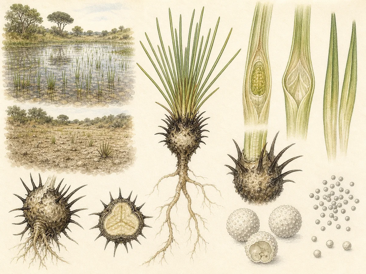 Prancha botânica de Isoetes histrix com pequena roseta de folhas filiformes, caule subterrâneo, filopódios espinhosos e macrosporos tuberculados