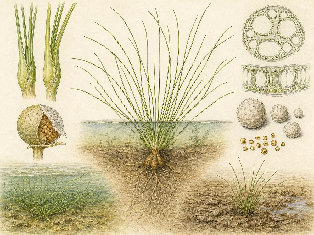 Prancha botânica de Isoetes setaceum com roseta anfíbia de folhas filiformes longas, raízes, esporângios basais e macrosporos tuberculados