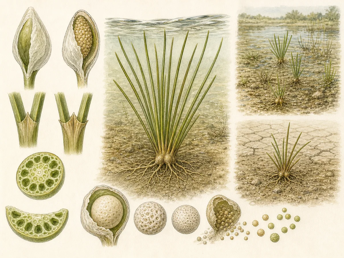 Prancha botânica de Isoetes velatum subsp. velatum com roseta submersa, folhas lineares, lígula velada, esporângio basal e macrosporos