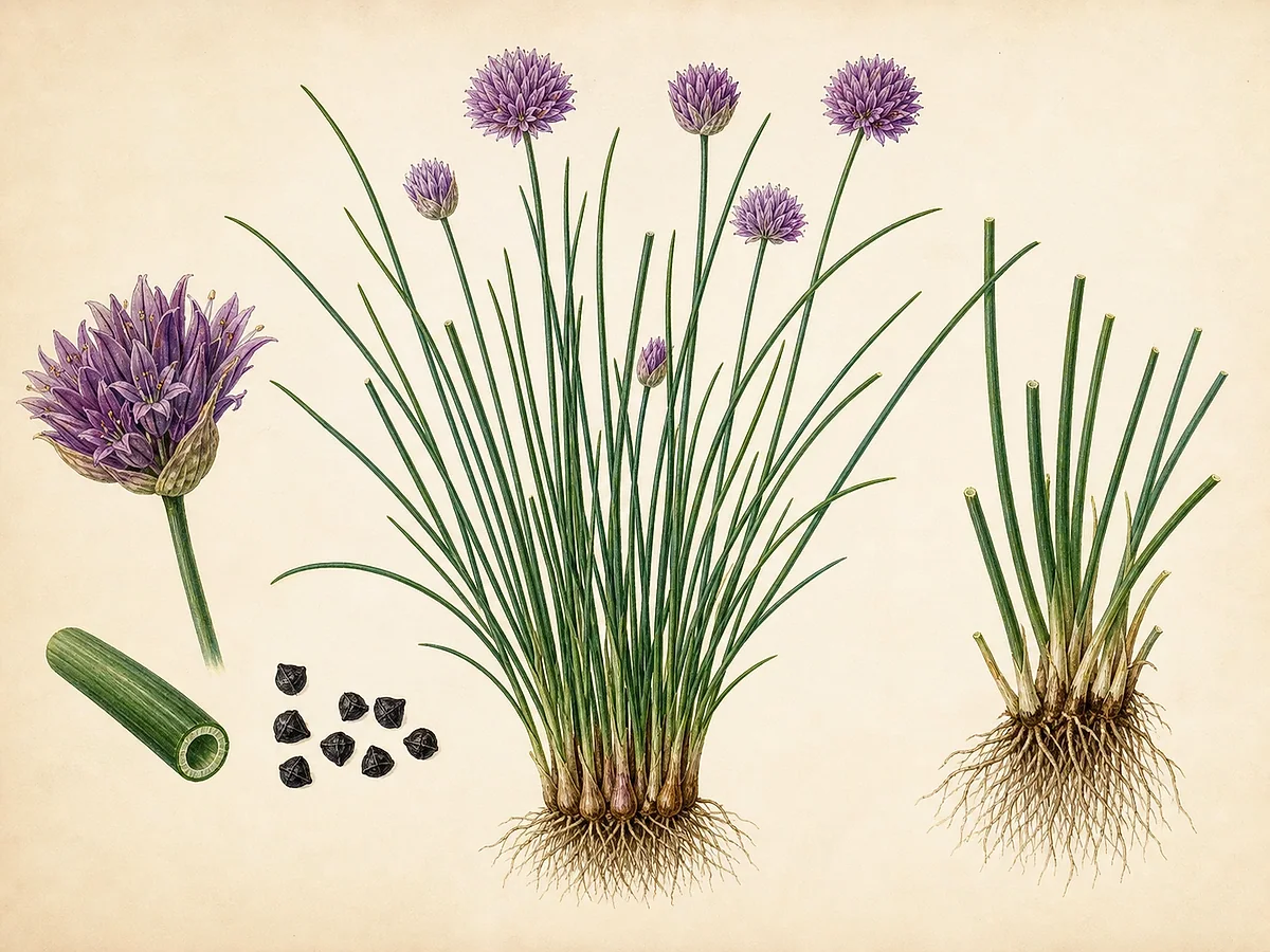Ilustração botânica de cebolinho em touceira com folhas cilíndricas ocas, pequenos bolbos, umbela violeta, flores individuais, cápsulas e sementes